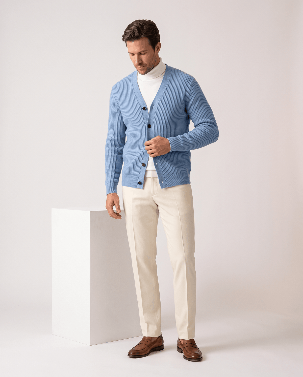 Ribbed Knit V-Neck Cardigan Sweater – Button Front & Cotton Blend | Rodel