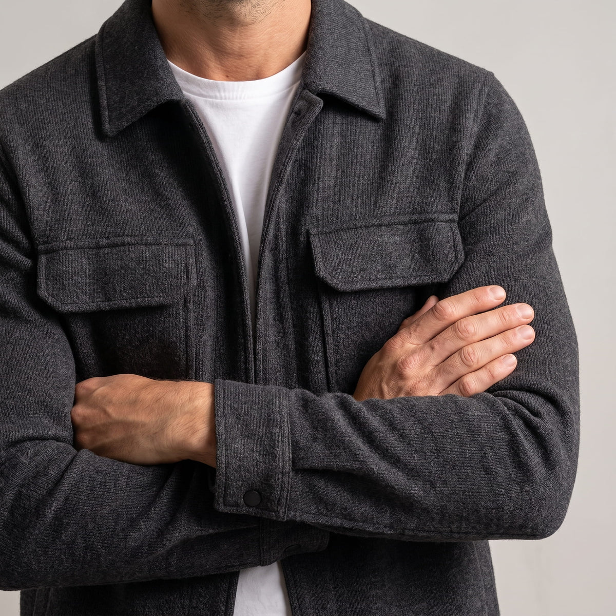 Short Wool-Blend Jacket – Snap Front, Flap Chest Pockets & Turn-Down Collar | Amadeo