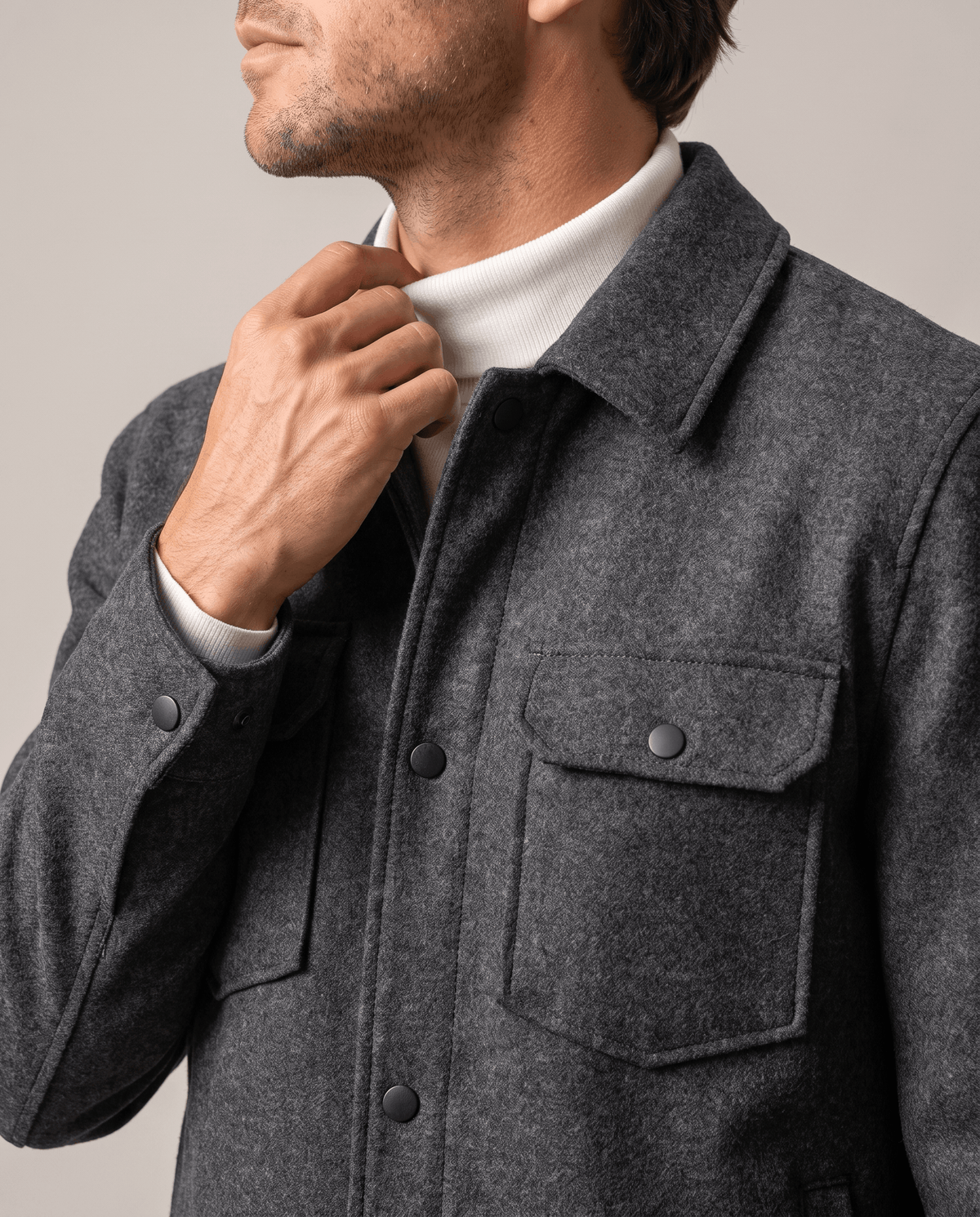 Short Wool-Blend Jacket – Snap Front, Flap Chest Pockets & Turn-Down Collar | Amadeo