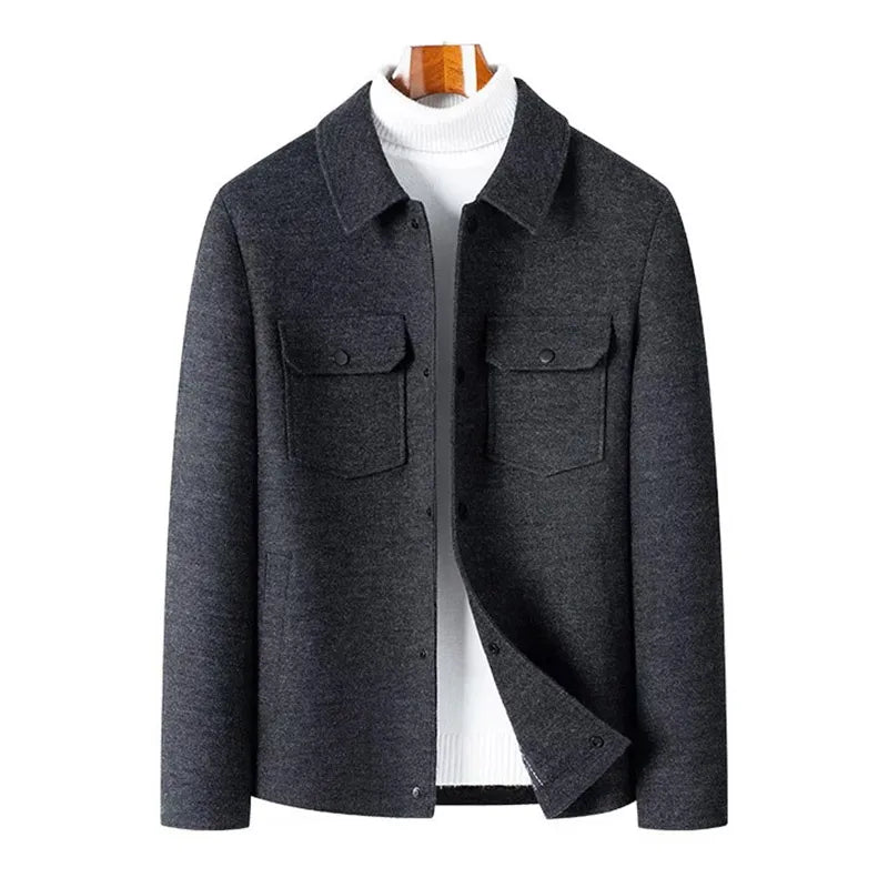 Short Wool-Blend Jacket – Snap Front, Flap Chest Pockets & Turn-Down Collar | Amadeo
