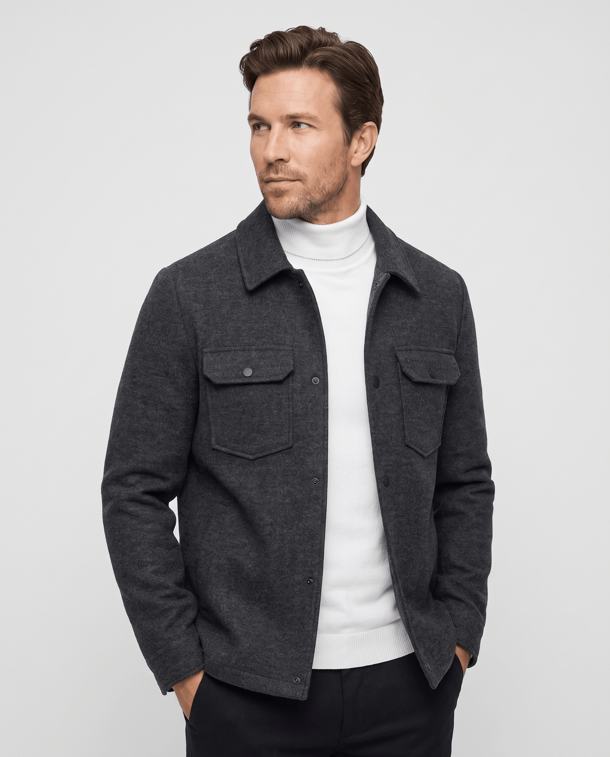 Short Wool-Blend Jacket – Snap Front, Flap Chest Pockets & Turn-Down Collar | Amadeo