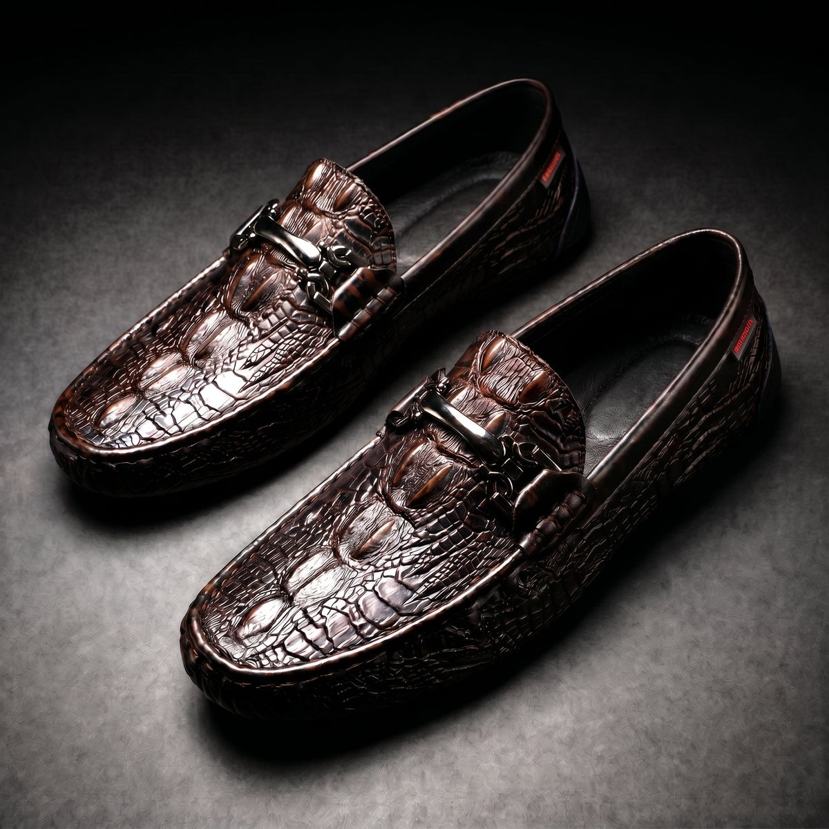 Men's Slip on Loafers with Croc Embossed Leather and Metal Bit Detail