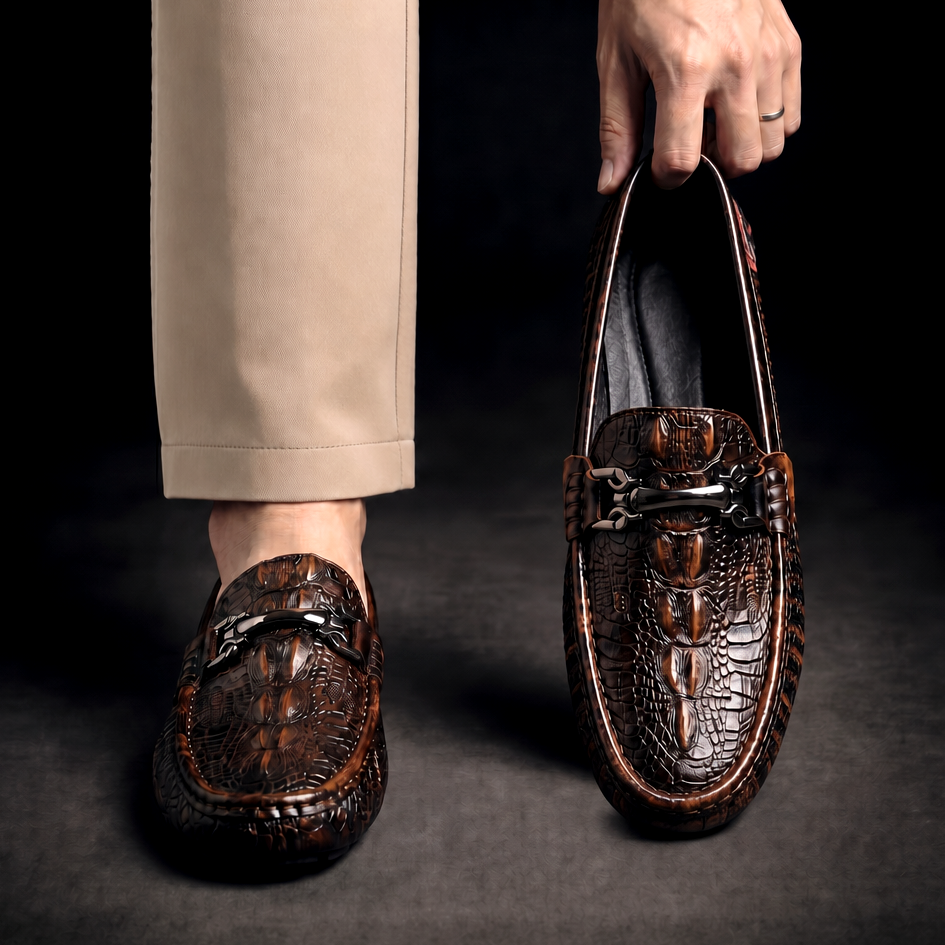 Men's Slip on Loafers with Croc Embossed Leather and Metal Bit Detail