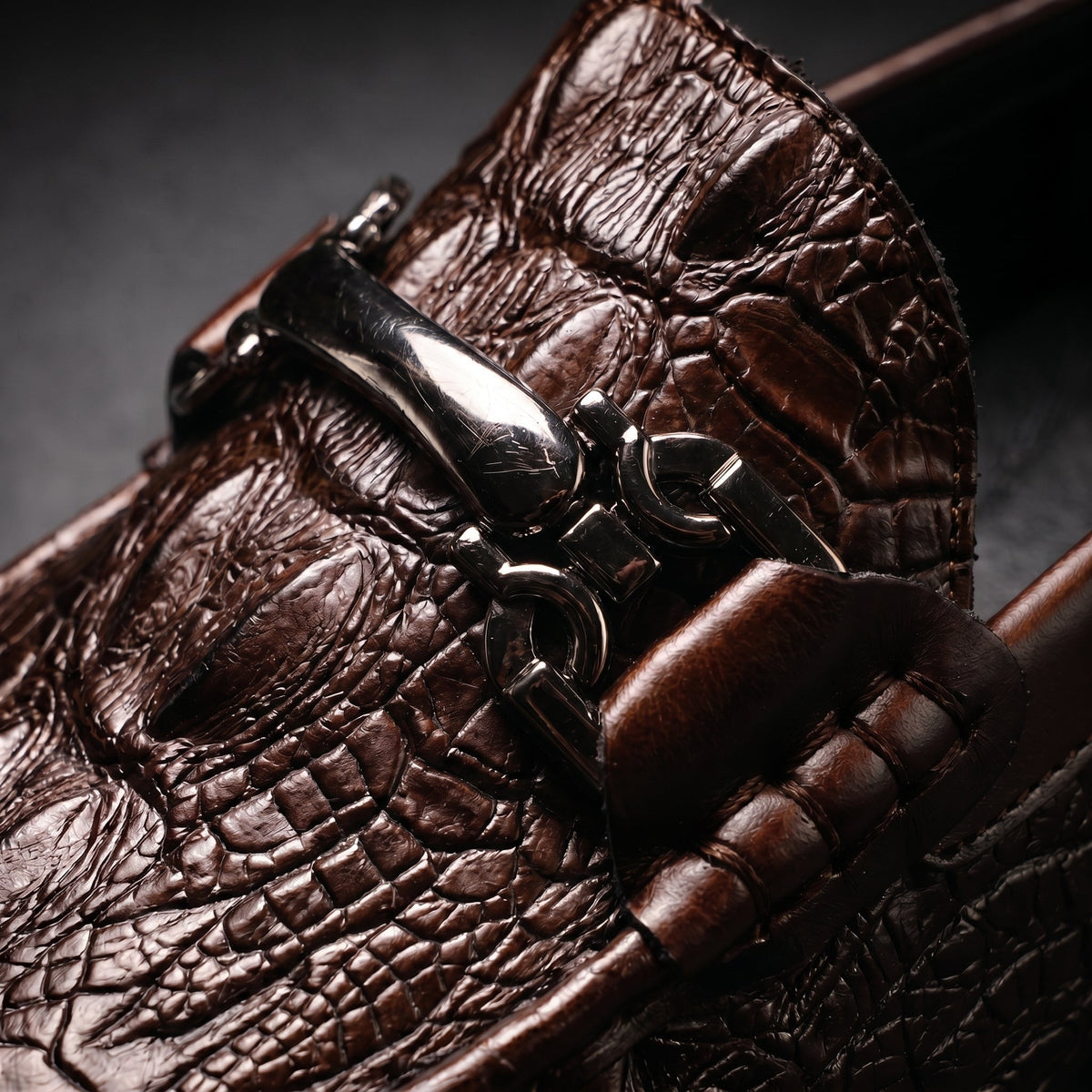 Men's Slip on Loafers with Croc Embossed Leather and Metal Bit Detail