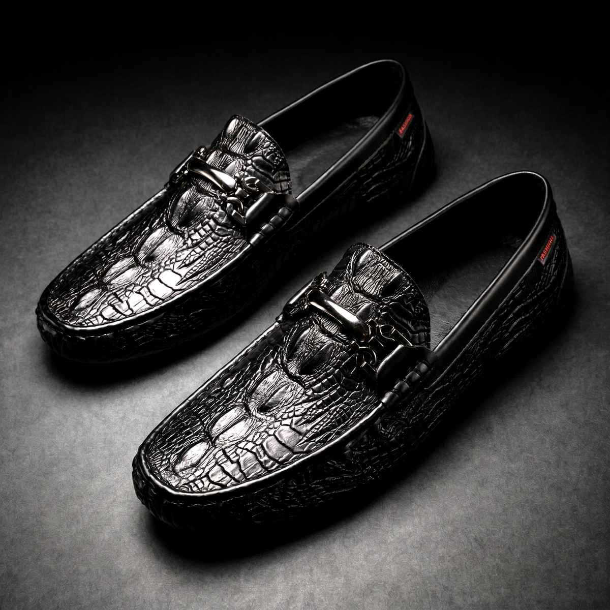 Men's Slip on Loafers with Croc Embossed Leather and Metal Bit Detail