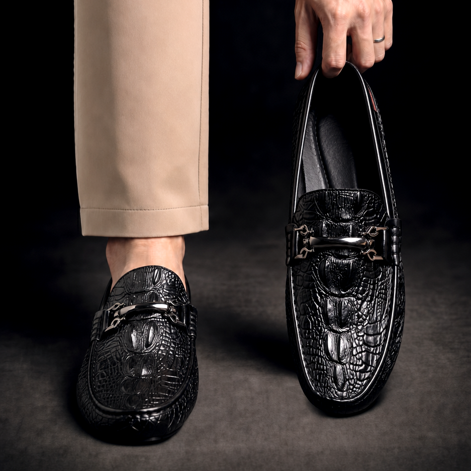 Men's Slip on Loafers with Croc Embossed Leather and Metal Bit Detail
