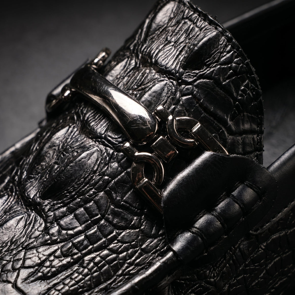 Men's Slip on Loafers with Croc Embossed Leather and Metal Bit Detail