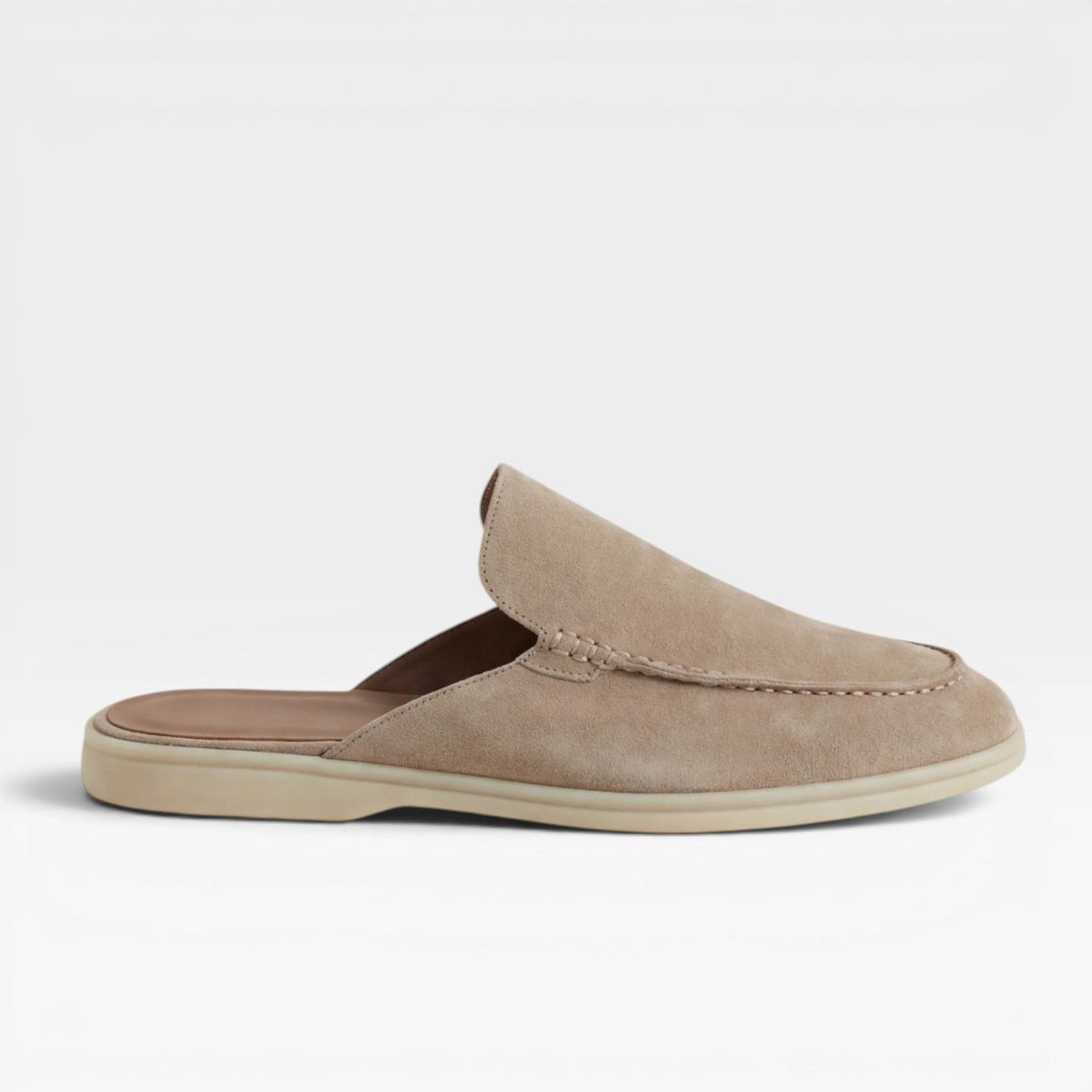 Men's Slip on Suede Loafers with Moccasin Stitched Toe and Backless Mule Design
