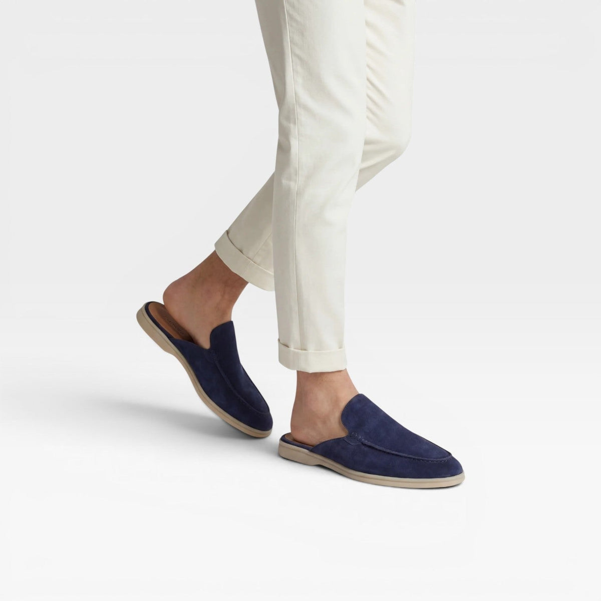 Men's Slip on Suede Loafers with Moccasin Stitched Toe and Backless Mule Design