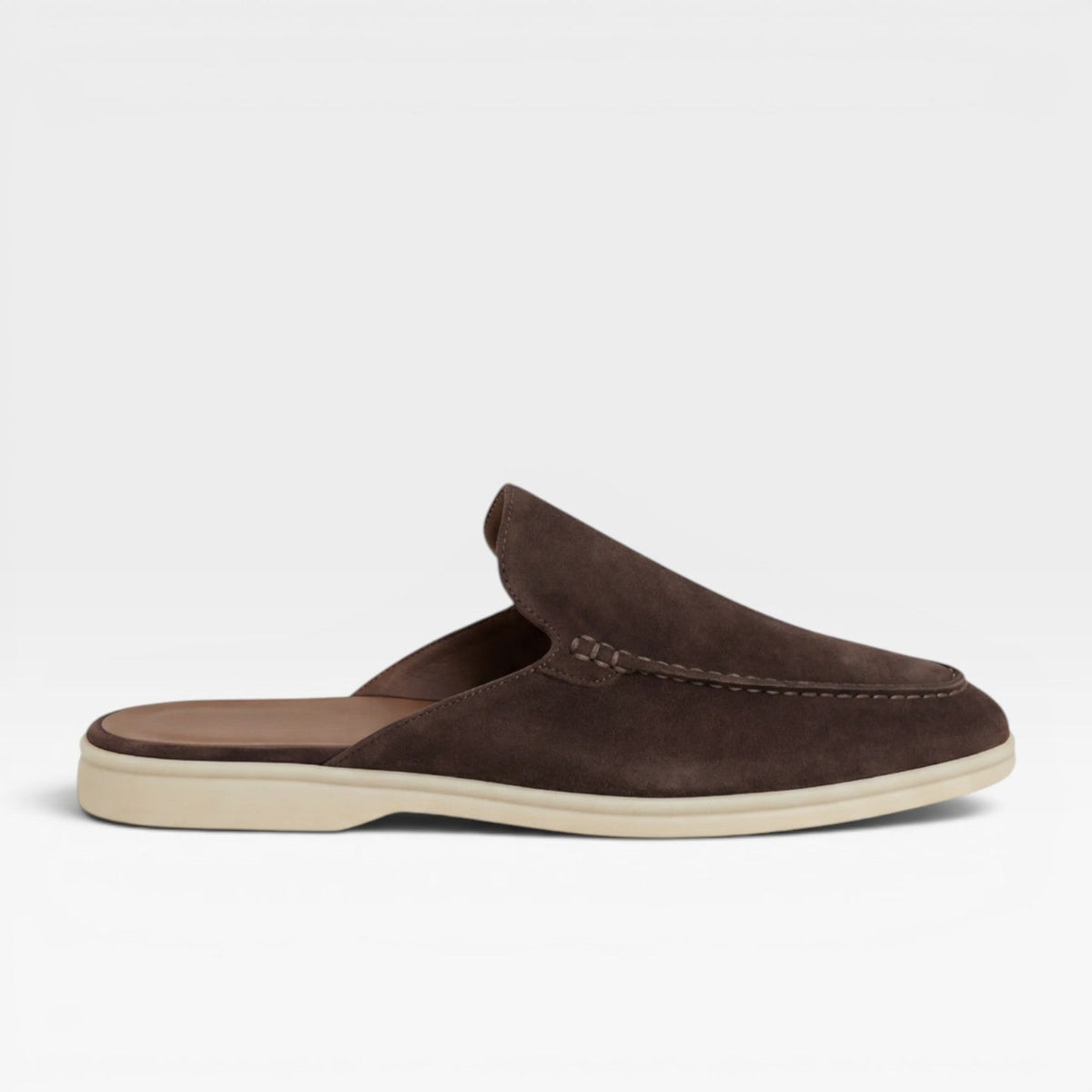 Men's Slip on Suede Loafers with Moccasin Stitched Toe and Backless Mule Design