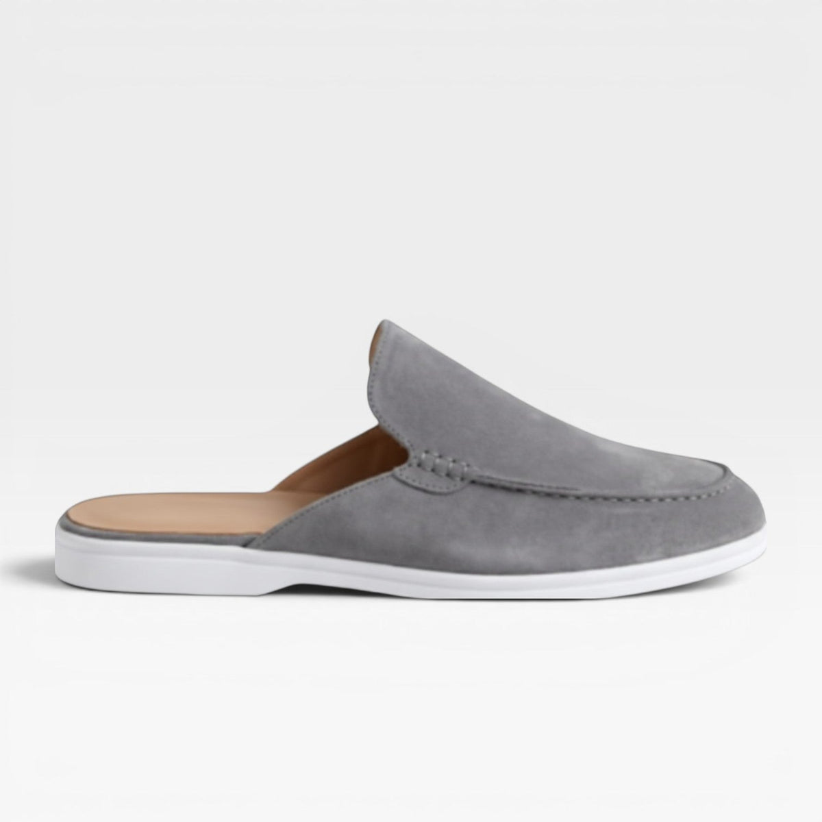 Men's Slip on Suede Loafers with Moccasin Stitched Toe and Backless Mule Design