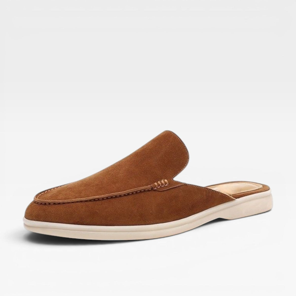 Men's Slip on Suede Loafers with Moccasin Stitched Toe and Backless Mule Design