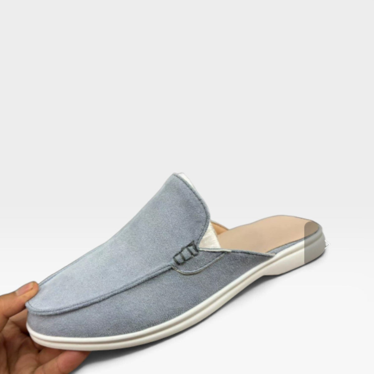 Men's Slip on Suede Loafers with Moccasin Stitched Toe and Backless Mule Design