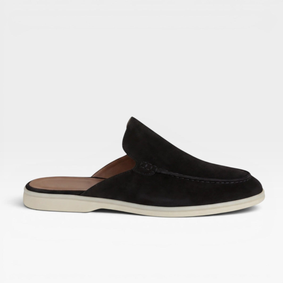 Men's Slip on Suede Loafers with Moccasin Stitched Toe and Backless Mule Design