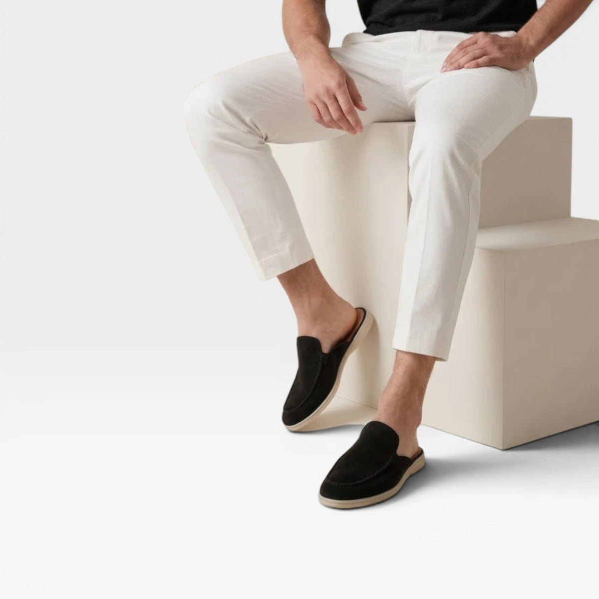 Men's Slip on Suede Loafers with Moccasin Stitched Toe and Backless Mule Design