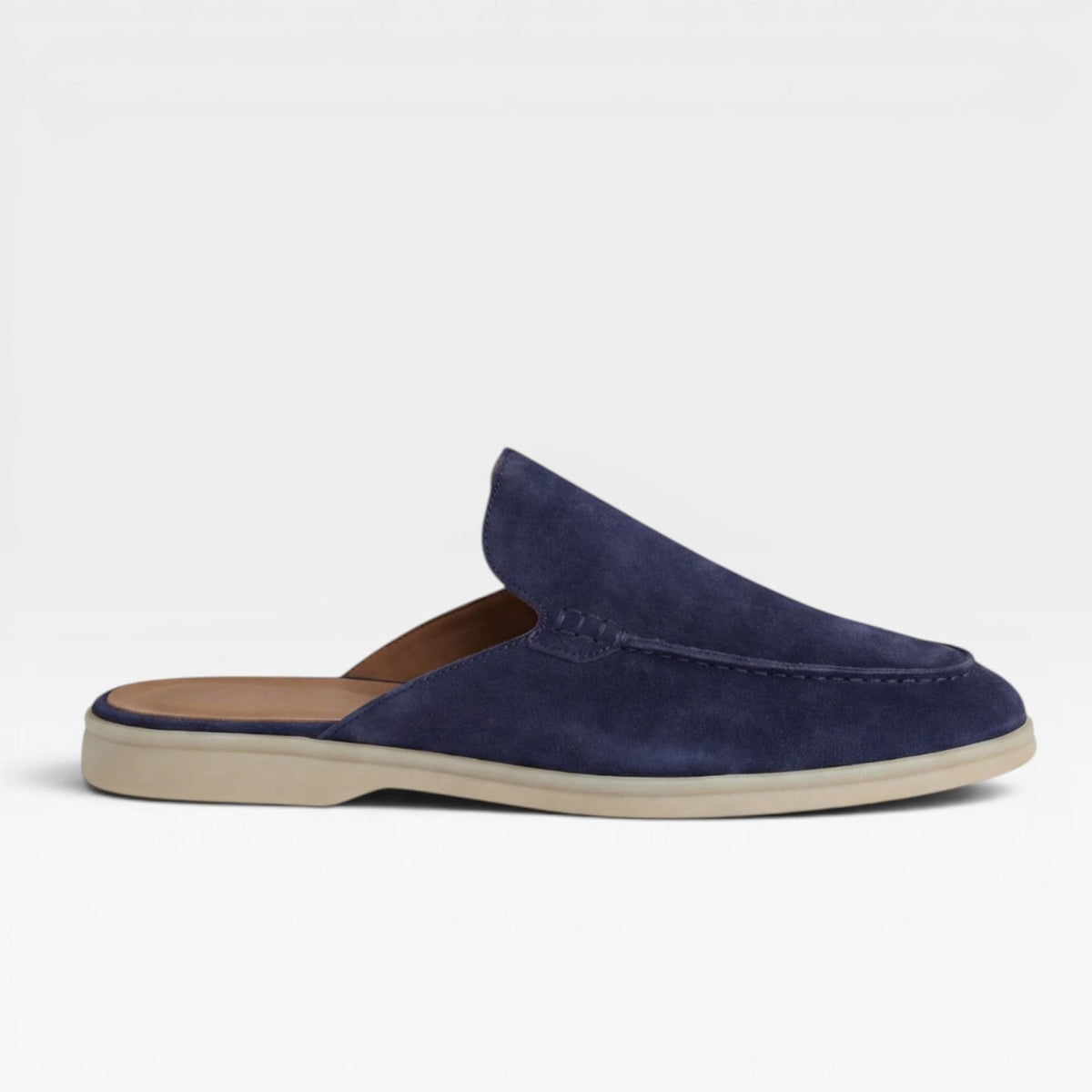 Men's Slip on Suede Loafers with Moccasin Stitched Toe and Backless Mule Design