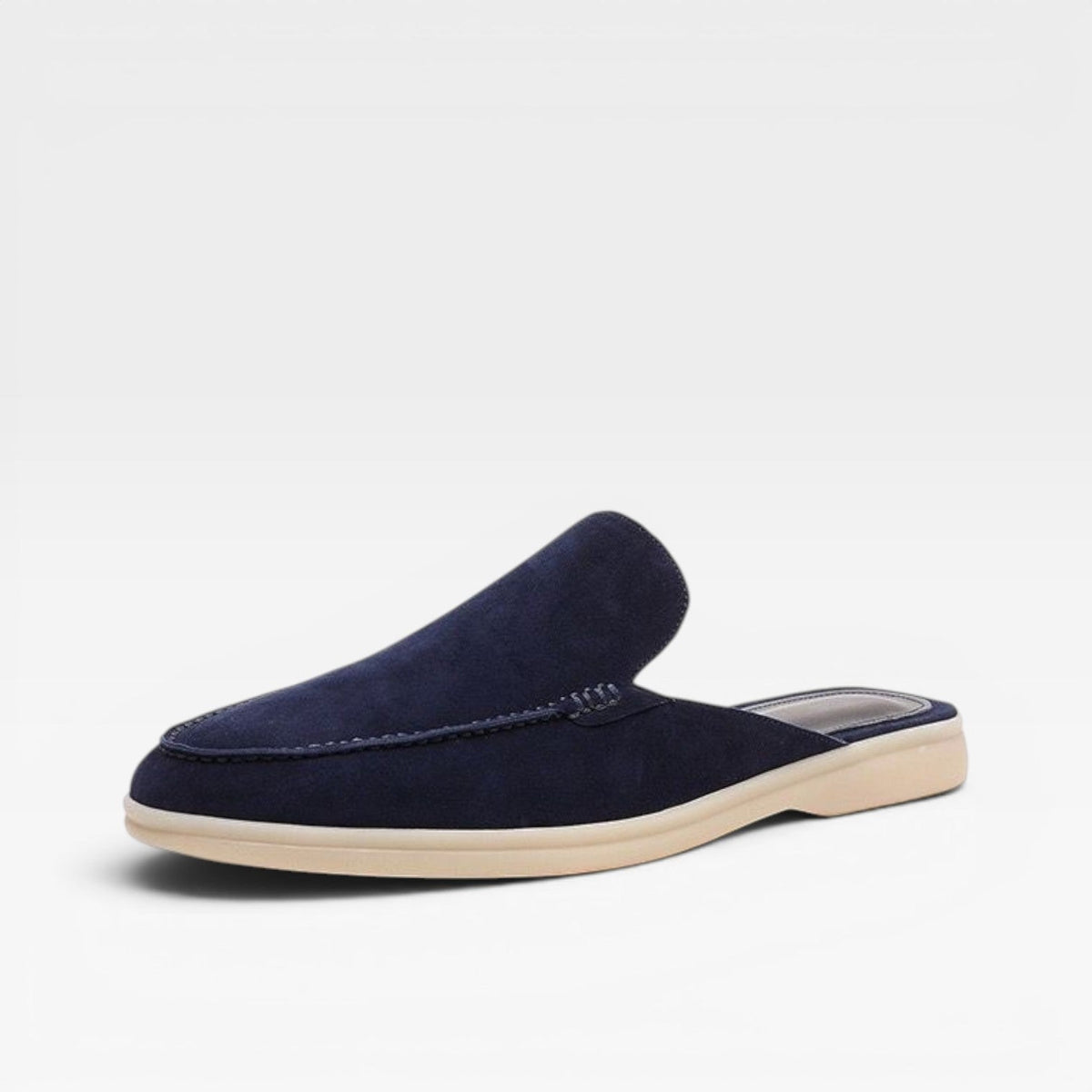Men's Slip on Suede Loafers with Moccasin Stitched Toe and Backless Mule Design