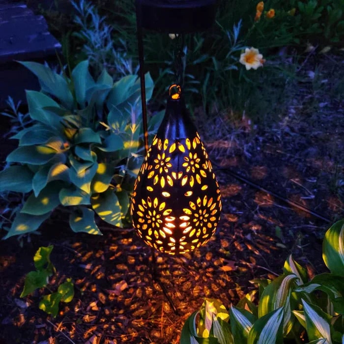 Solar Powered Hanging Outdoor Lantern with Floral Cutout and Decorative Shadow