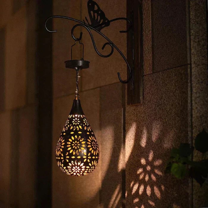 Solar Powered Hanging Outdoor Lantern with Floral Cutout and Decorative Shadow