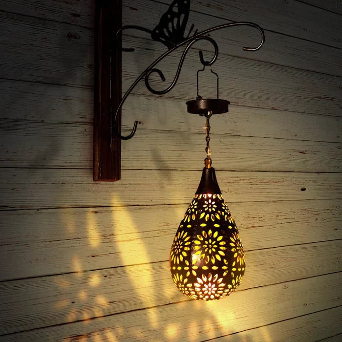 Solar Powered Hanging Outdoor Lantern with Floral Cutout and Decorative Shadow