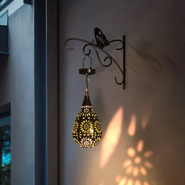 Solar Powered Hanging Outdoor Lantern with Floral Cutout and Decorative Shadow