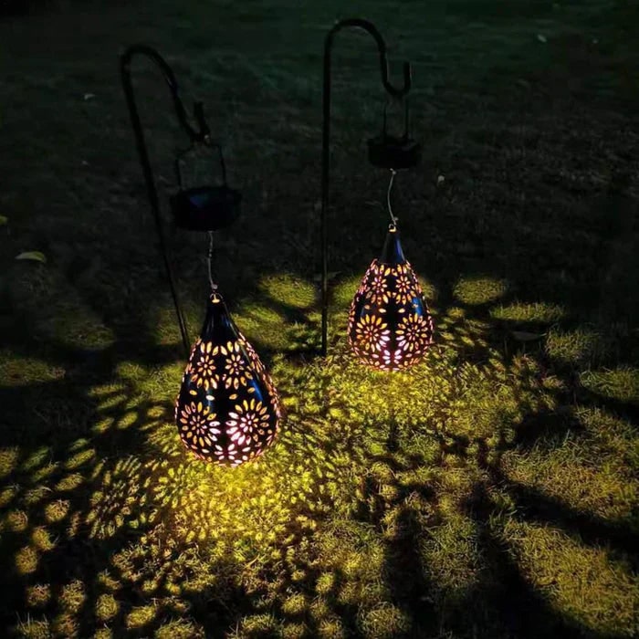 Solar Powered Hanging Outdoor Lantern with Floral Cutout and Decorative Shadow