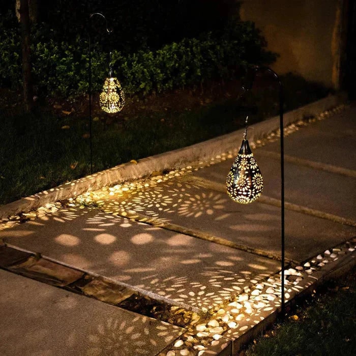 Solar Powered Hanging Outdoor Lantern with Floral Cutout and Decorative Shadow