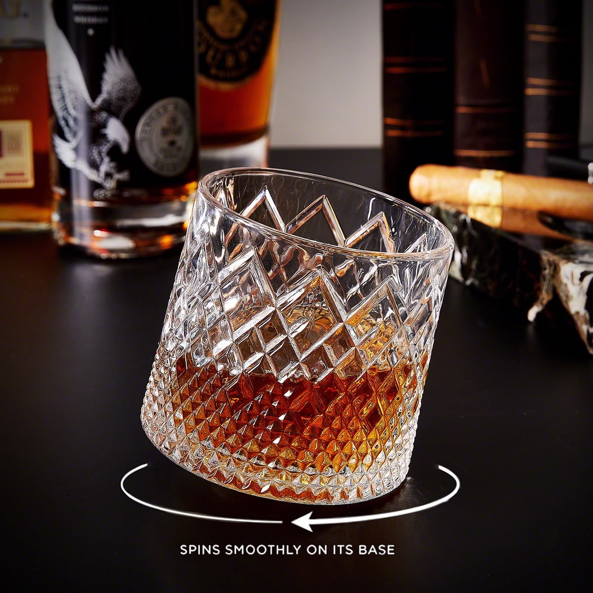 Spinning Whiskey Glass Tumbler with Diamond Cut and Wooden Coaster