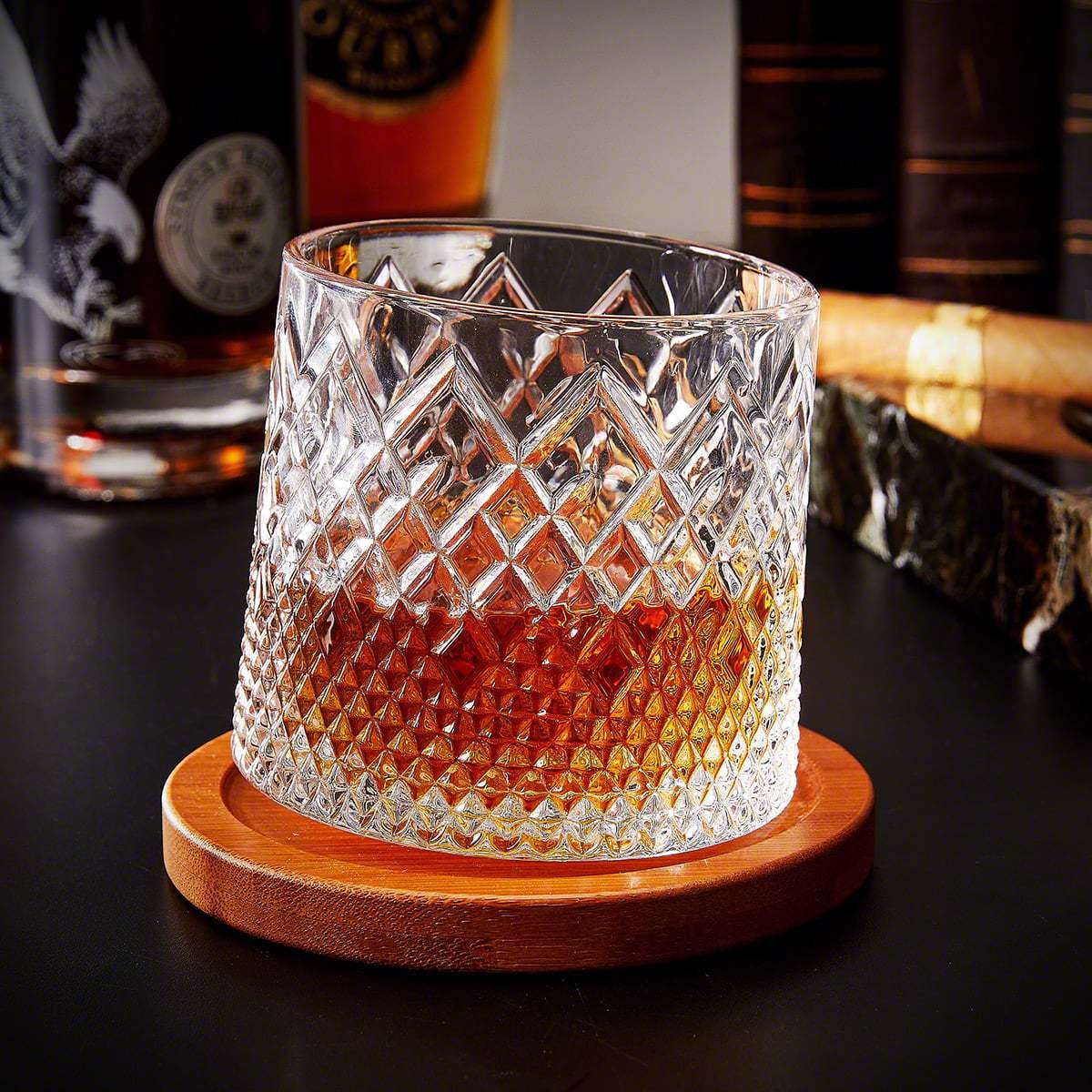 Spinning Whiskey Glass Tumbler with Diamond Cut and Wooden Coaster