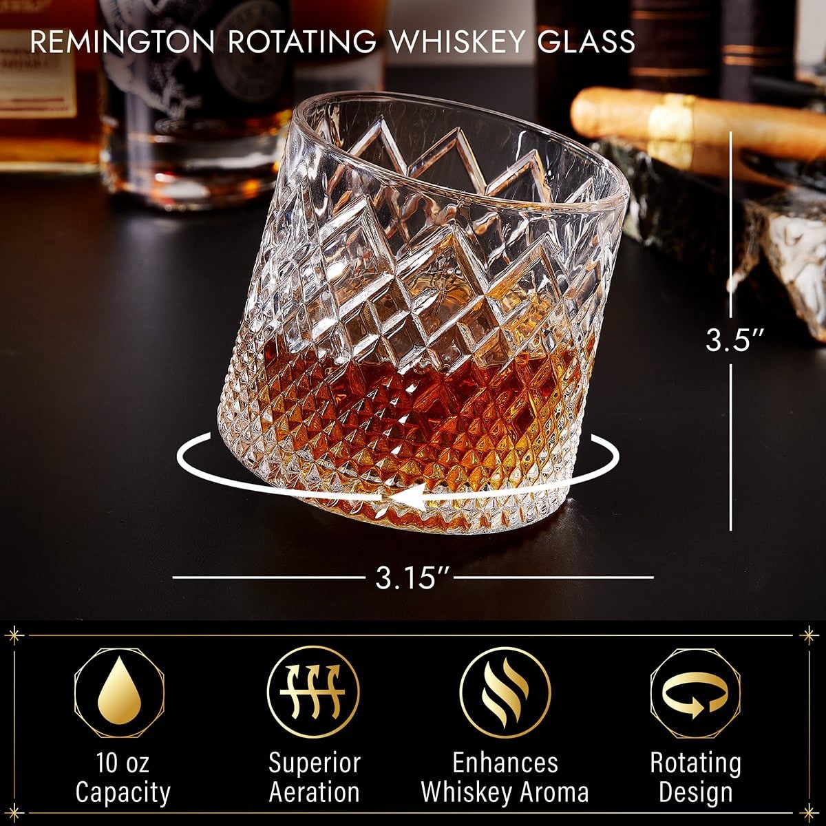 Spinning Whiskey Glass Tumbler with Diamond Cut and Wooden Coaster