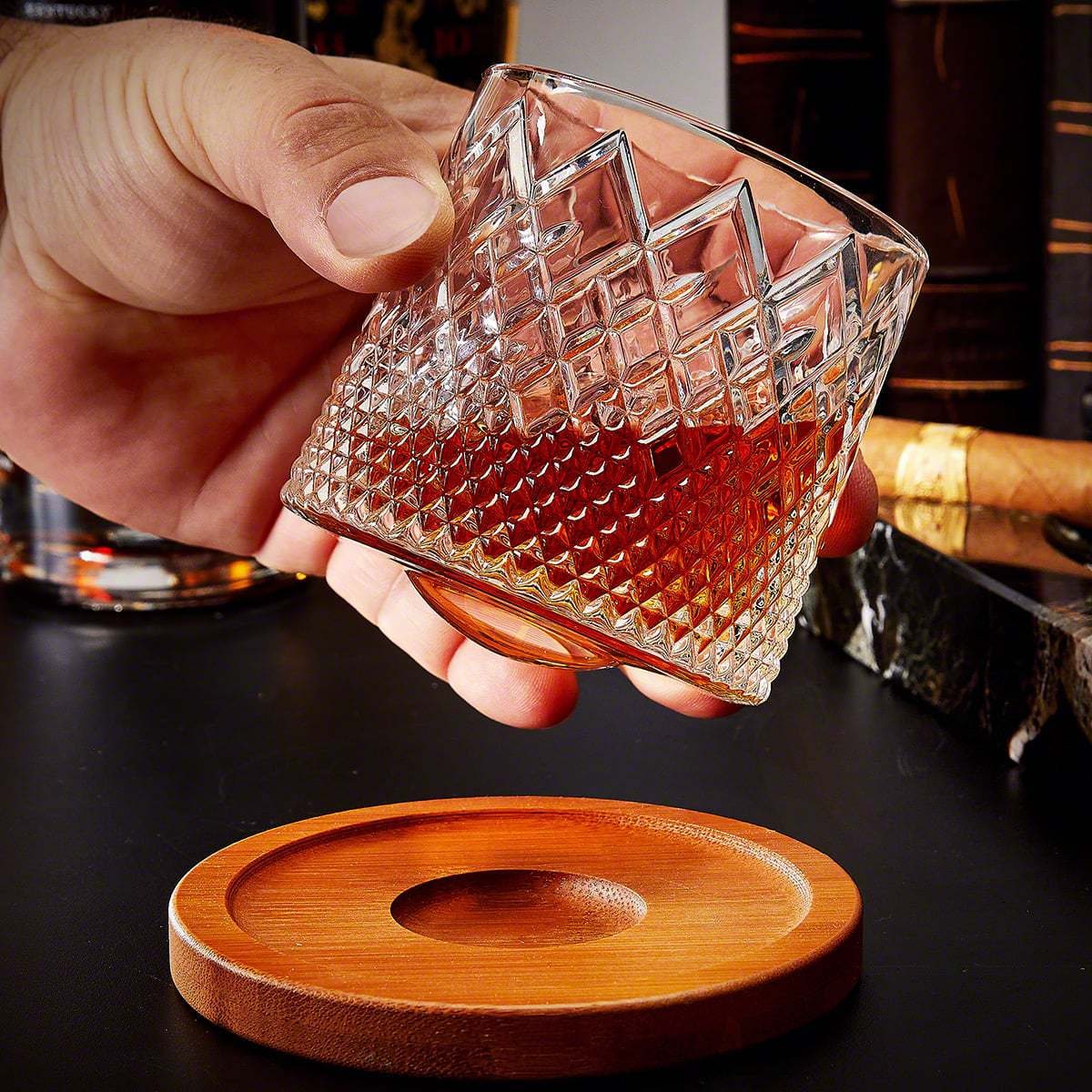 Spinning Whiskey Glass Tumbler with Diamond Cut and Wooden Coaster