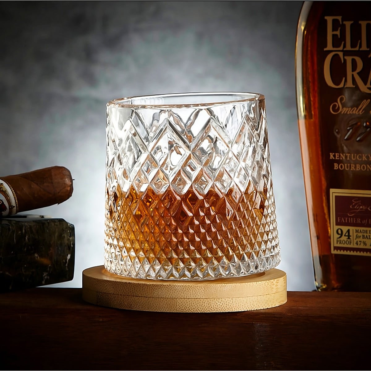 Spinning Whiskey Glass Tumbler with Diamond Cut and Wooden Coaster