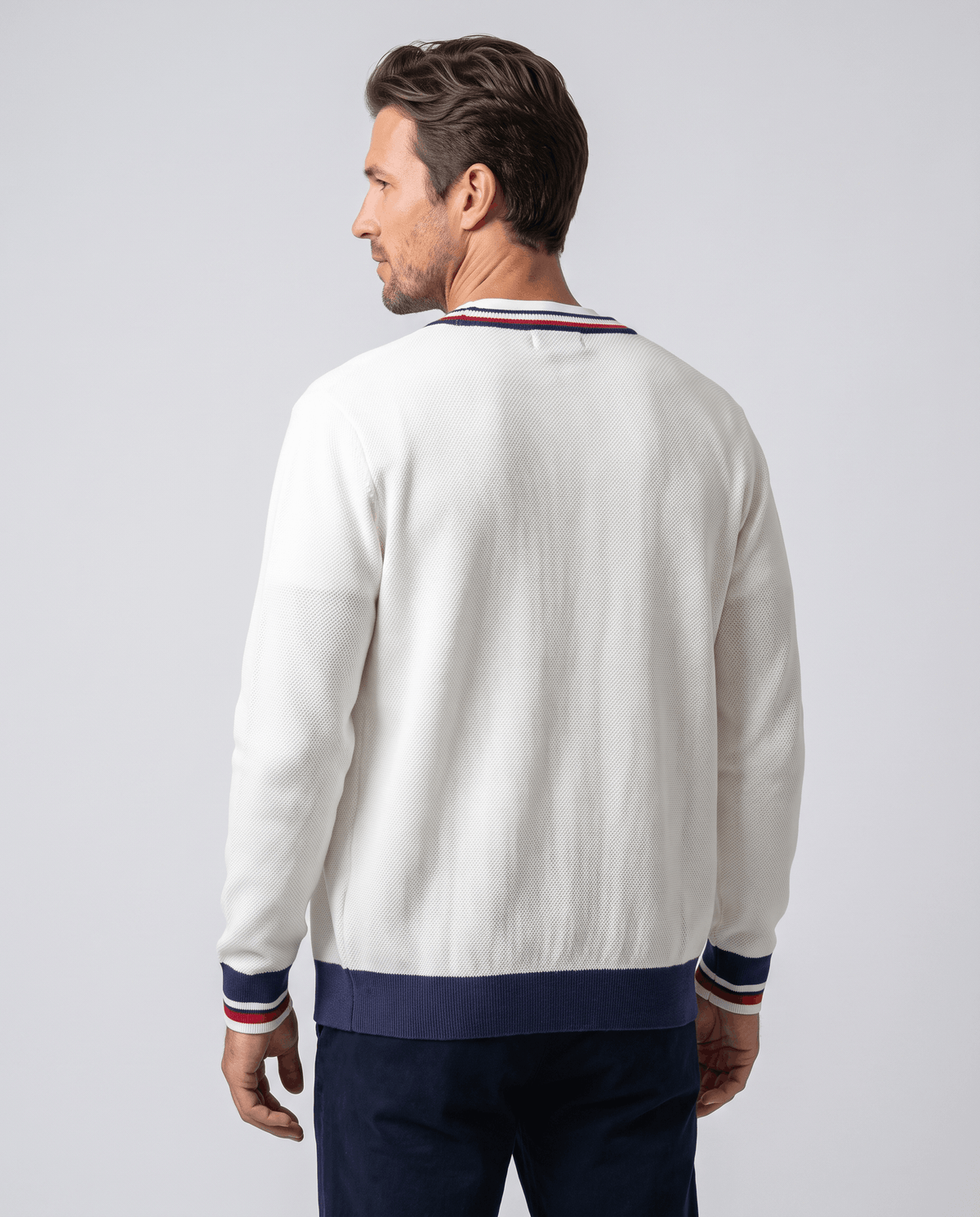 Stripe-Trim V-Neck Cardigan Sweater – Button Front, Fine Knit & Wool Blend | Rhodes