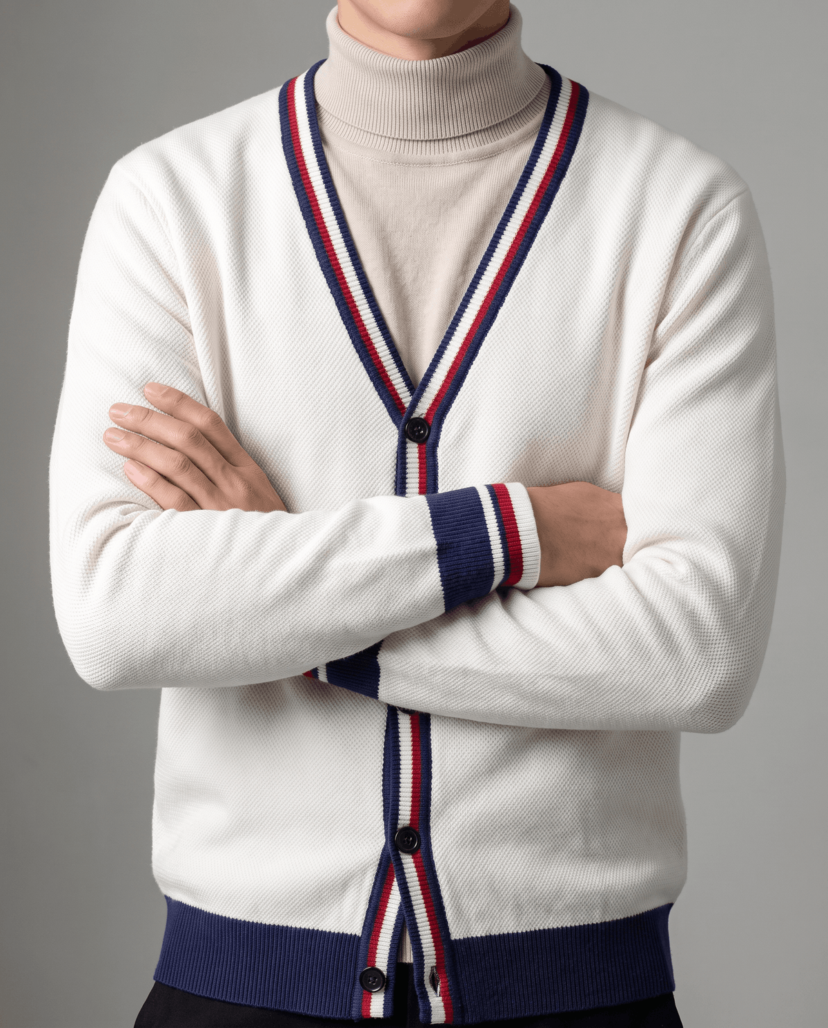 Stripe-Trim V-Neck Cardigan Sweater – Button Front, Fine Knit & Wool Blend | Rhodes