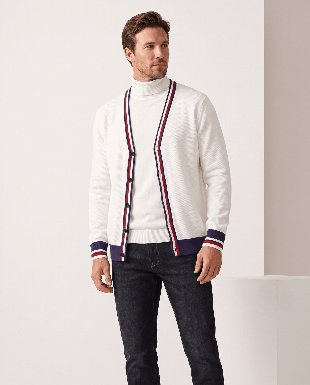 Stripe-Trim V-Neck Cardigan Sweater – Button Front, Fine Knit & Wool Blend | Rhodes