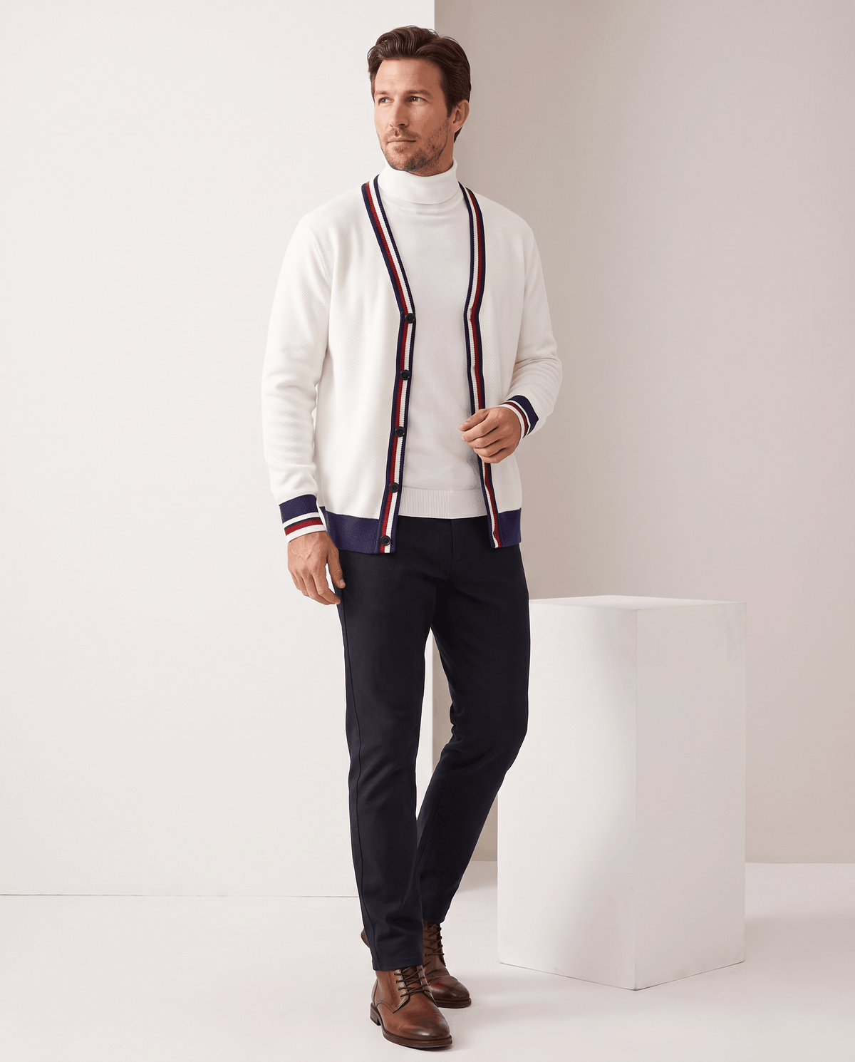 Stripe-Trim V-Neck Cardigan Sweater – Button Front, Fine Knit & Wool Blend | Rhodes