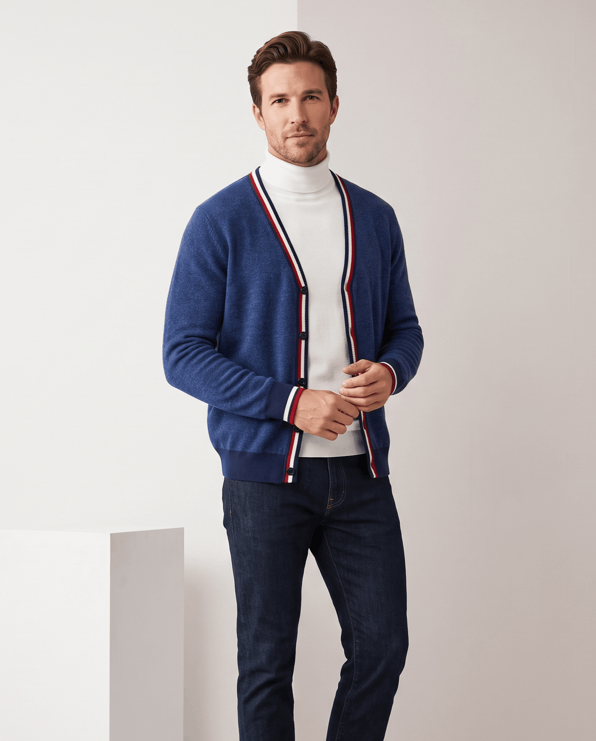 Stripe-Trim V-Neck Cardigan Sweater – Button Front, Fine Knit & Wool Blend | Rhodes