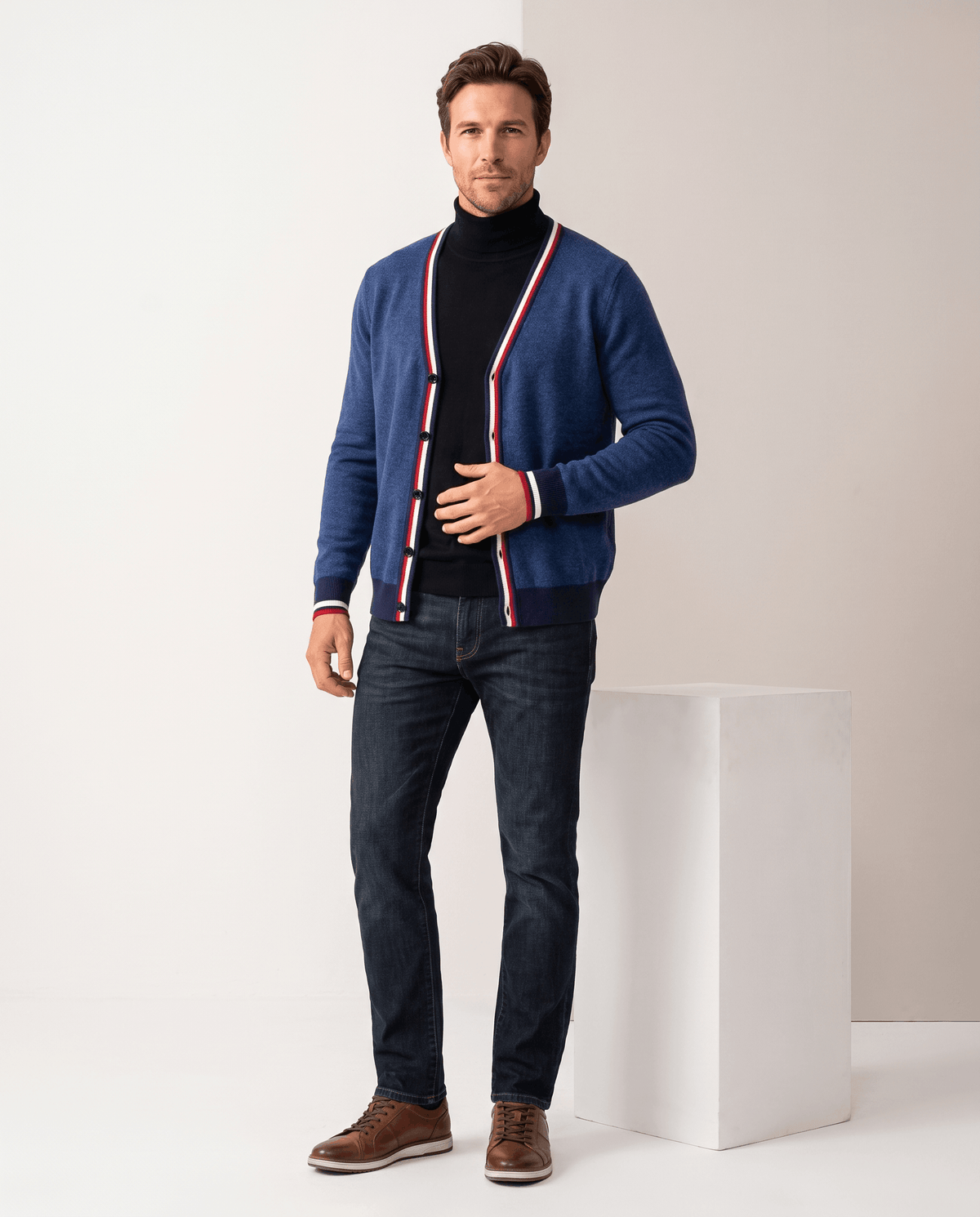 Stripe-Trim V-Neck Cardigan Sweater – Button Front, Fine Knit & Wool Blend | Rhodes
