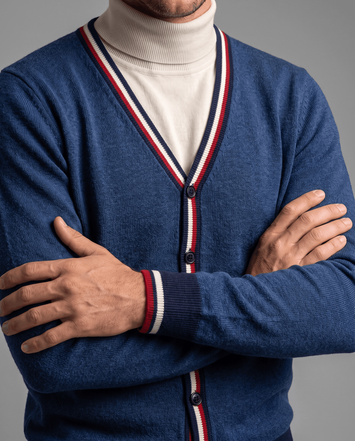 Stripe-Trim V-Neck Cardigan Sweater – Button Front, Fine Knit & Wool Blend | Rhodes