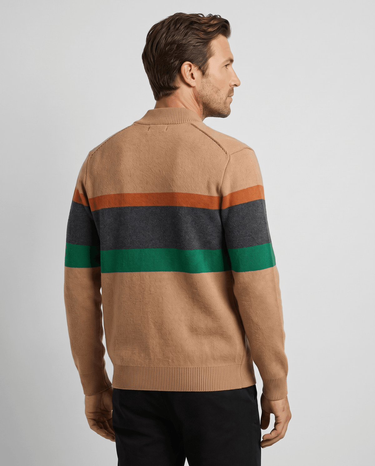 Striped Full-Zip Cardigan Sweater – Stand Collar, Ribbed Trim & Relaxed Fit | Soren