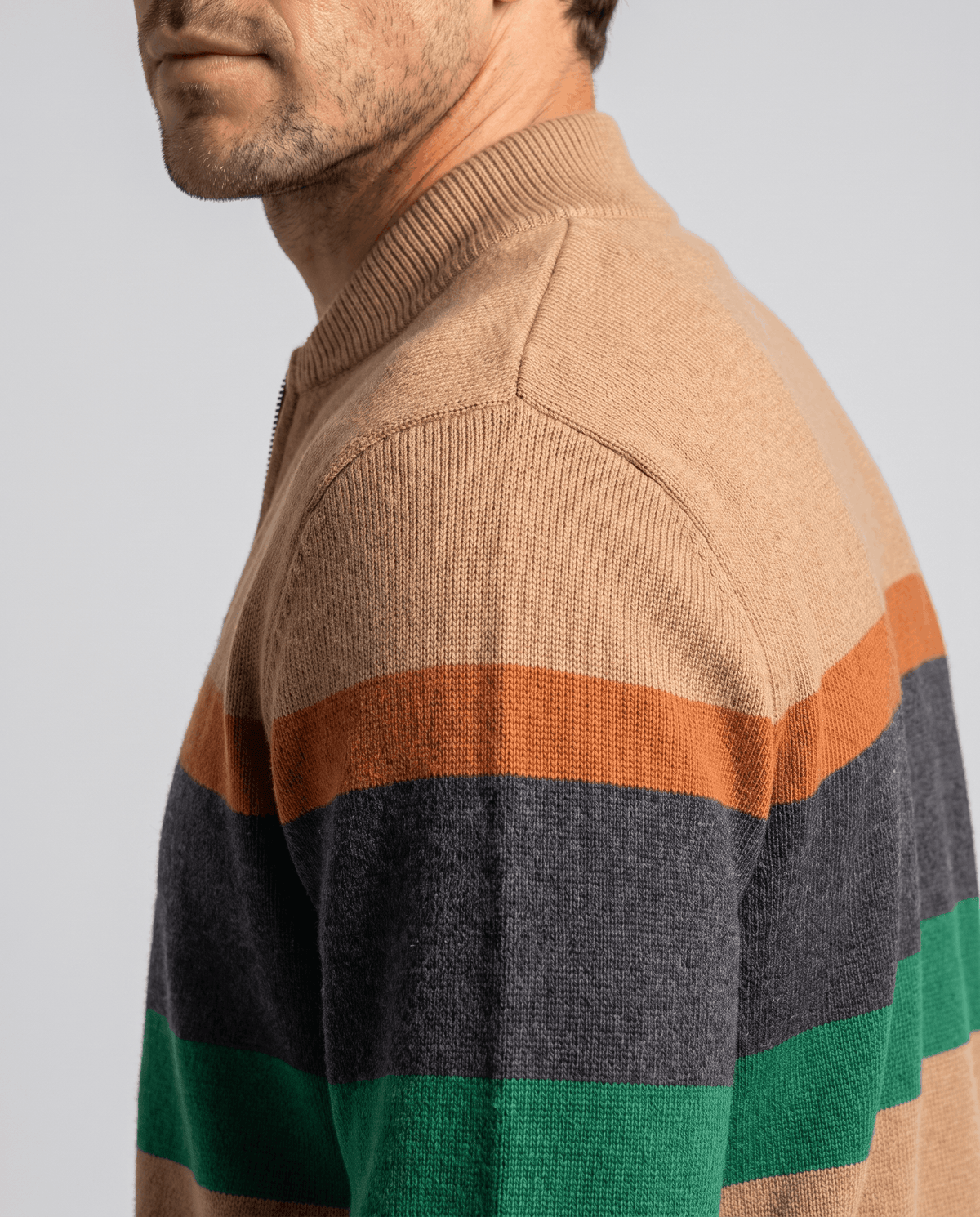 Striped Full-Zip Cardigan Sweater – Stand Collar, Ribbed Trim & Relaxed Fit | Soren