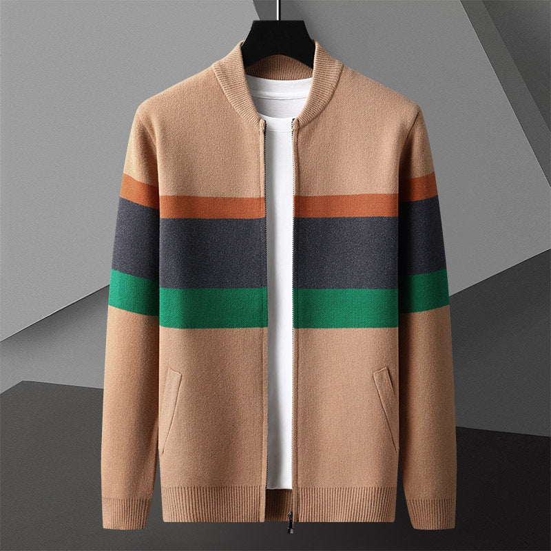 Striped Full-Zip Cardigan Sweater – Stand Collar, Ribbed Trim & Relaxed Fit | Soren