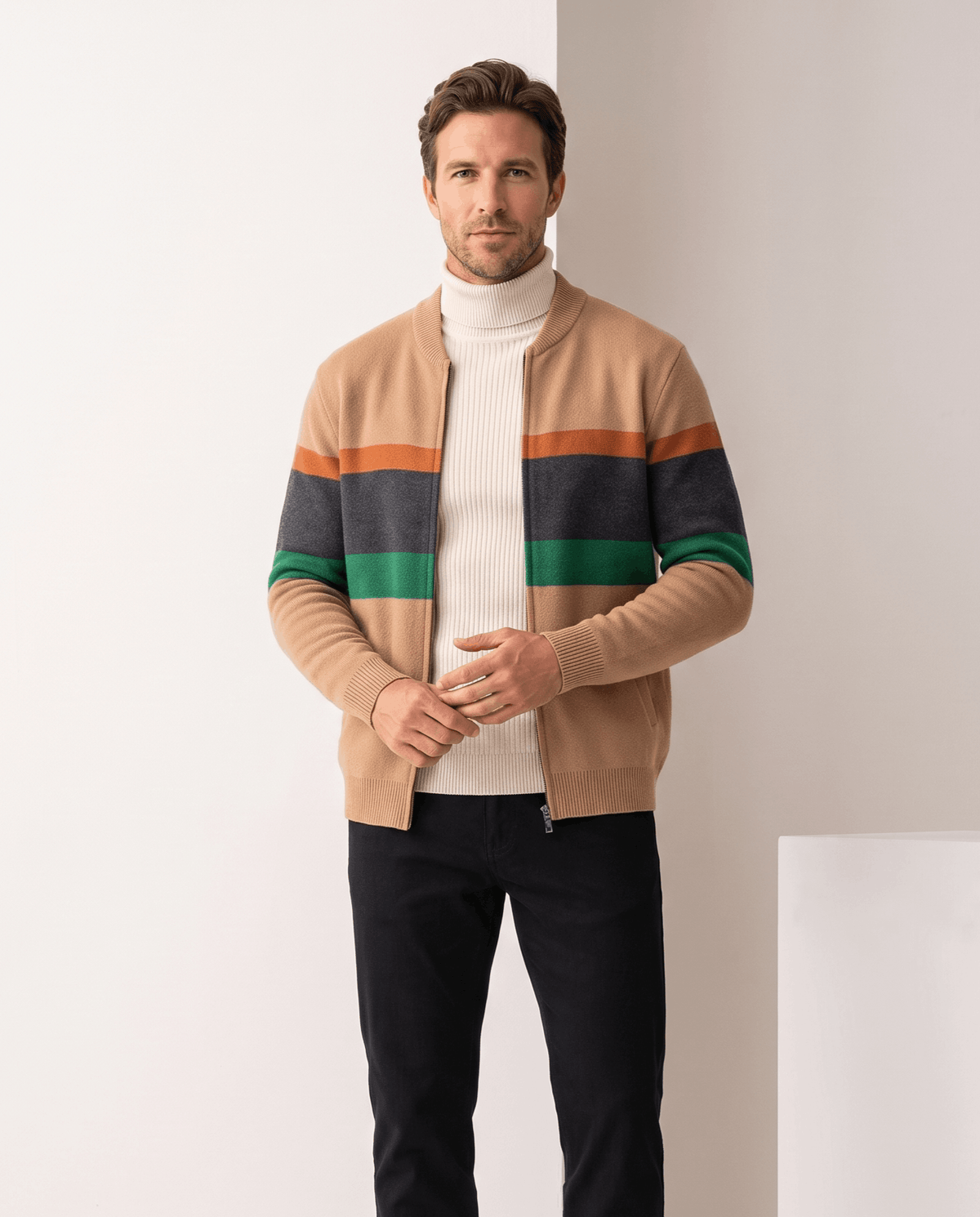 Striped Full-Zip Cardigan Sweater – Stand Collar, Ribbed Trim & Relaxed Fit | Soren