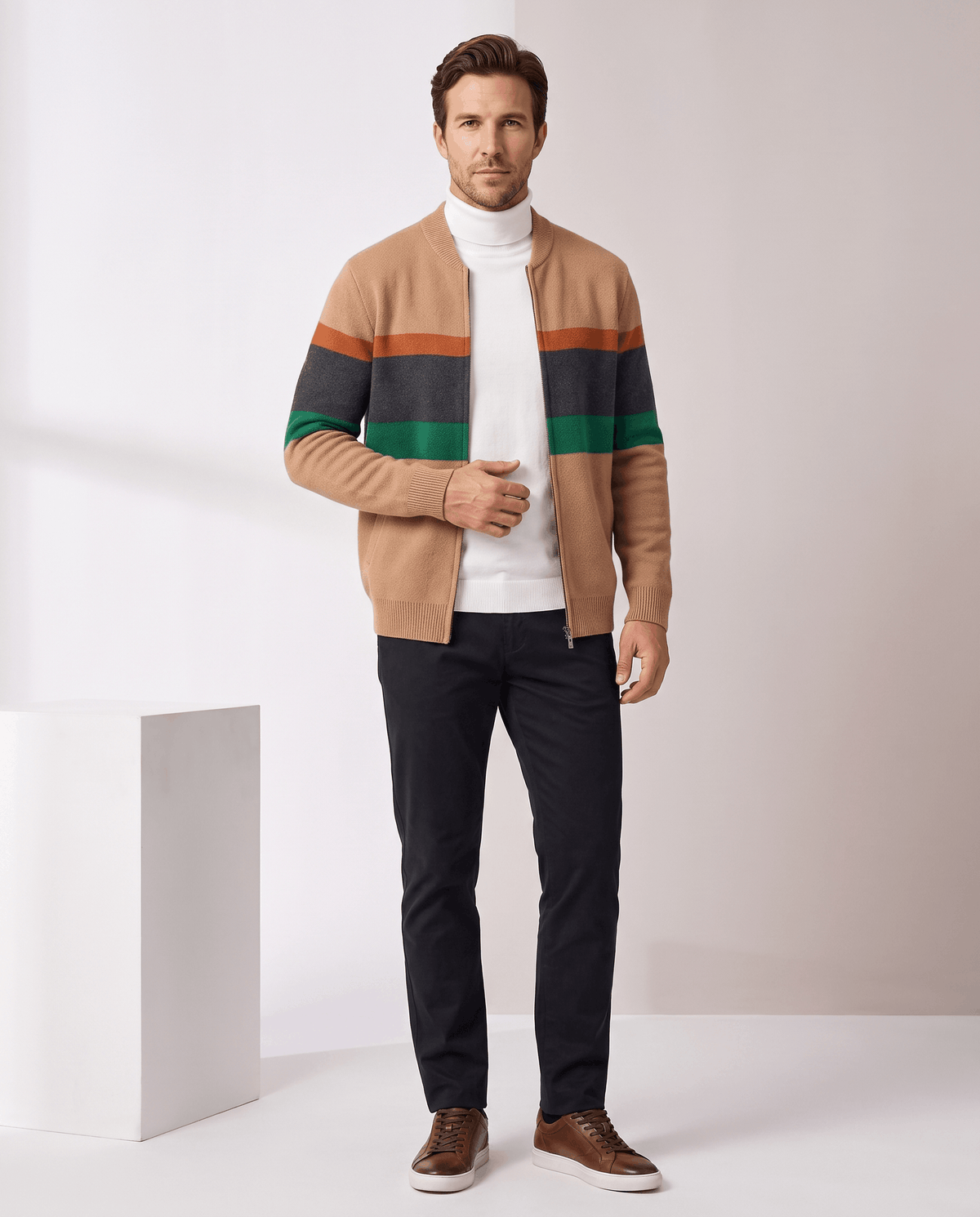 Striped Full-Zip Cardigan Sweater – Stand Collar, Ribbed Trim & Relaxed Fit | Soren