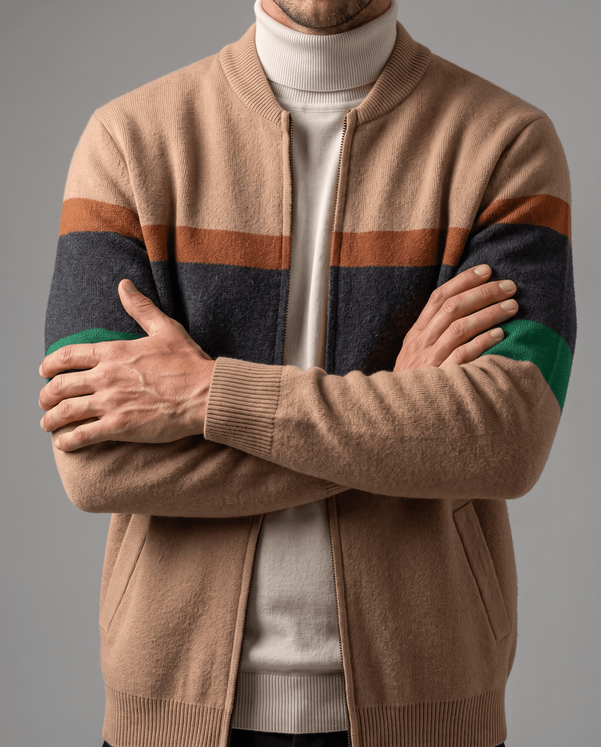 Striped Full-Zip Cardigan Sweater – Stand Collar, Ribbed Trim & Relaxed Fit | Soren