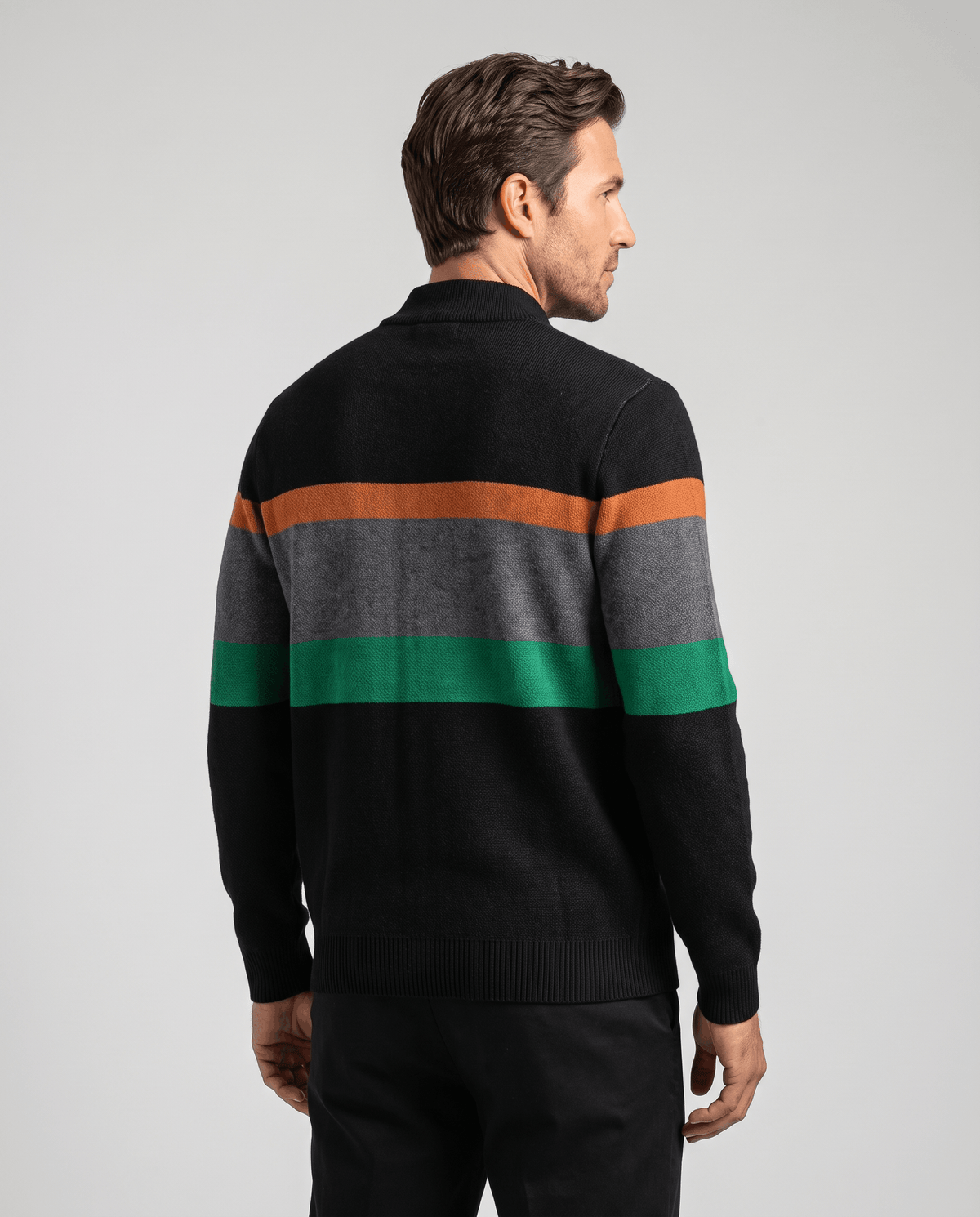 Striped Full-Zip Cardigan Sweater – Stand Collar, Ribbed Trim & Relaxed Fit | Soren