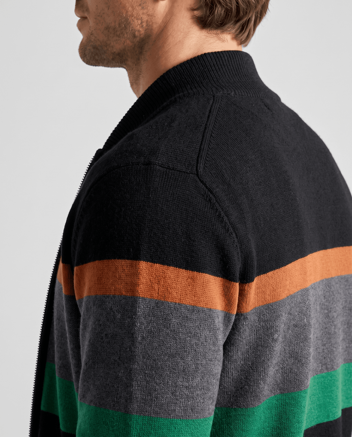 Striped Full-Zip Cardigan Sweater – Stand Collar, Ribbed Trim & Relaxed Fit | Soren