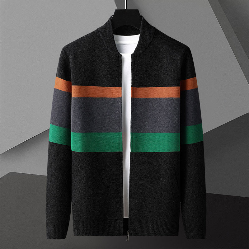 Striped Full-Zip Cardigan Sweater – Stand Collar, Ribbed Trim & Relaxed Fit | Soren