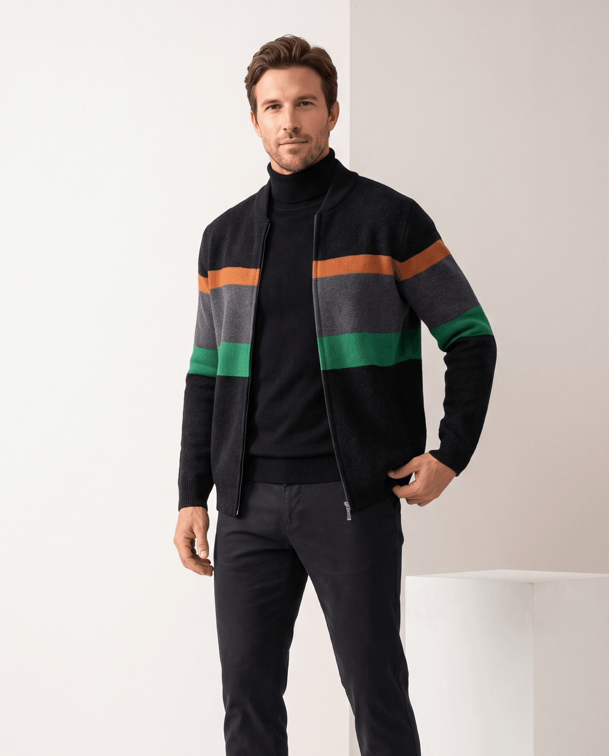 Striped Full-Zip Cardigan Sweater – Stand Collar, Ribbed Trim & Relaxed Fit | Soren
