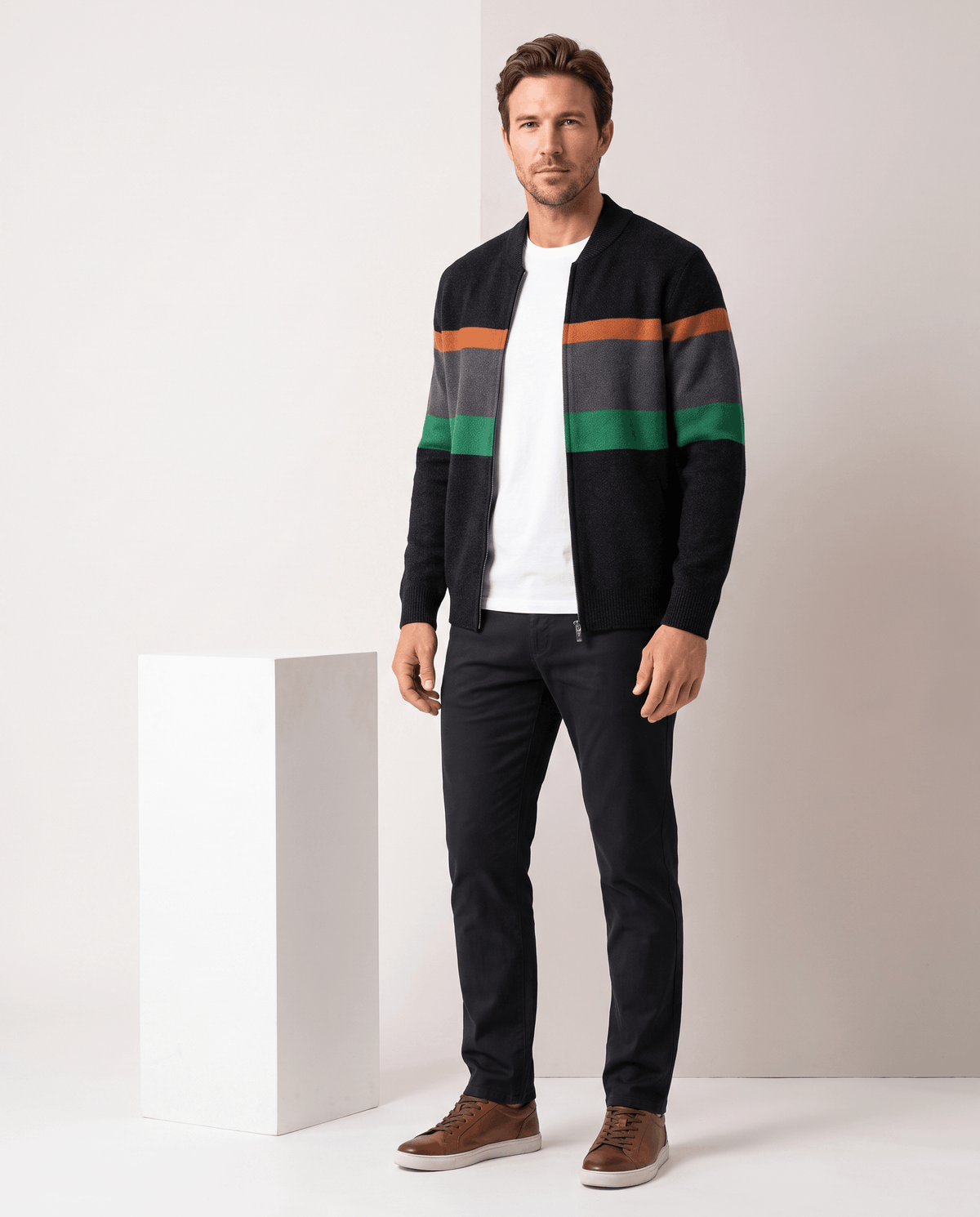 Striped Full-Zip Cardigan Sweater – Stand Collar, Ribbed Trim & Relaxed Fit | Soren